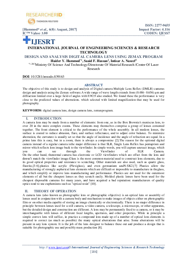 (PDF) DESIGN AND ANALYSIS DIGITAL CAMERA LENS USING ZEMAX PROGRAM