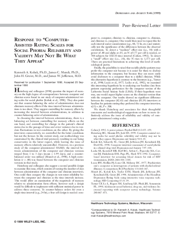 (PDF) Response to ?Computer-assisted rating scales for social phobia ...
