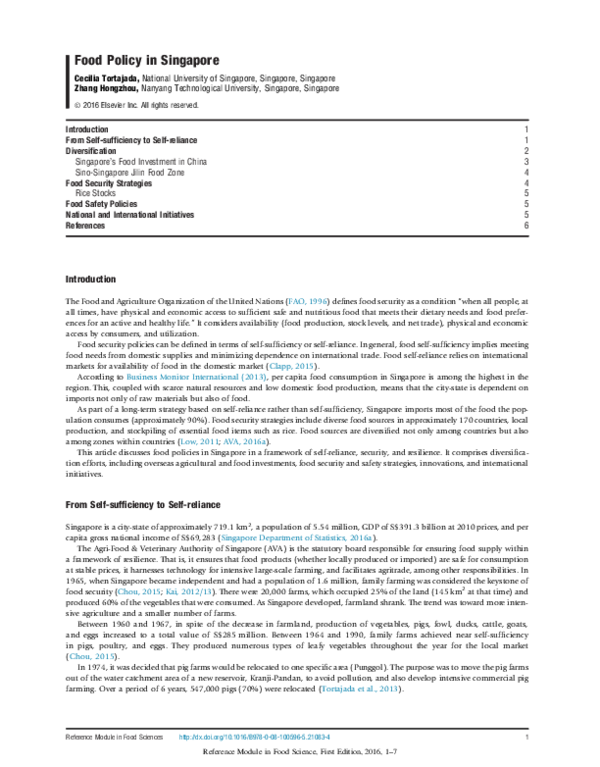 (PDF) Food Policy in Singapore Cecilia Tortajada and Zhang Hongzhou
