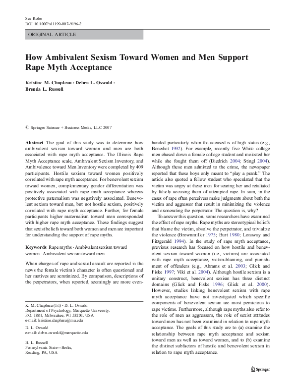 (PDF) How Ambivalent Sexism toward Women and Men Support Rape Myth ...