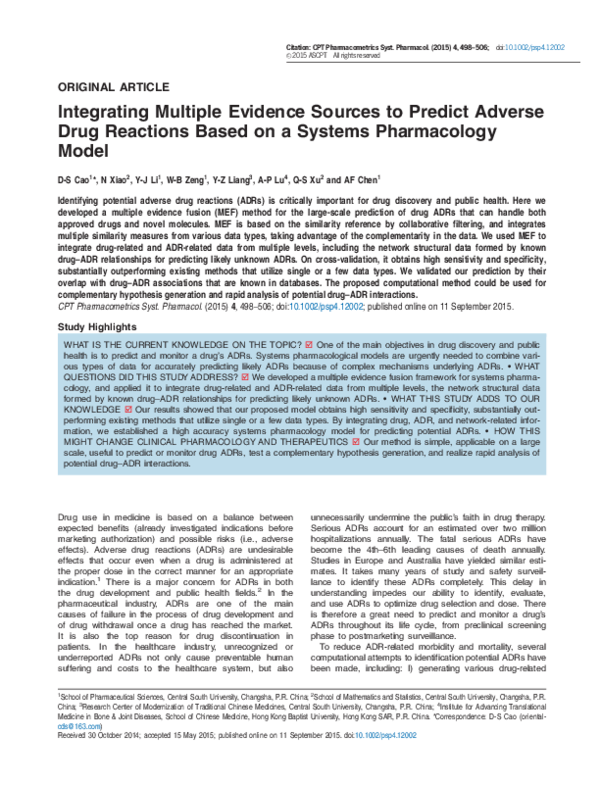 (PDF) Integrating Multiple Evidence Sources to Predict Adverse Drug ...