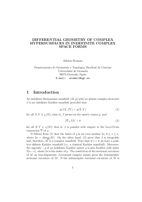 (PDF) Differential geometry of complex hypersurfaces in indefinite