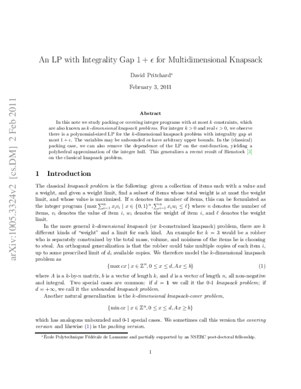 (PDF) An LP with Integrality Gap 1+epsilon for Multidimensional Knapsack