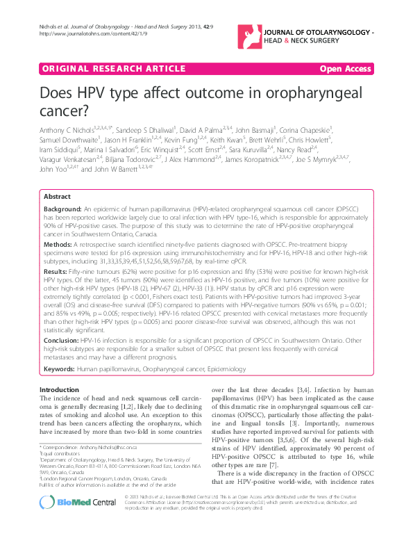(PDF) Does HPV type affect outcome in oropharyngeal cancer?
