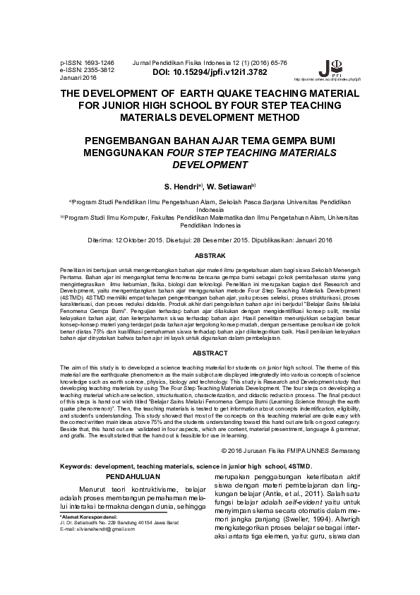 (PDF) THE DEVELOPMENT OF EARTH QUAKE TEACHING MATERIAL FOR JUNIOR HIGH