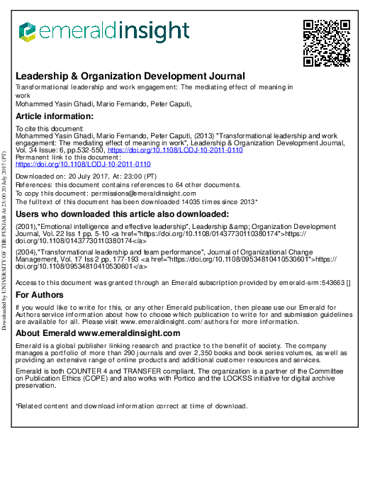 PDF Leadership Organization Development Journal Transformational Leadership And Work 