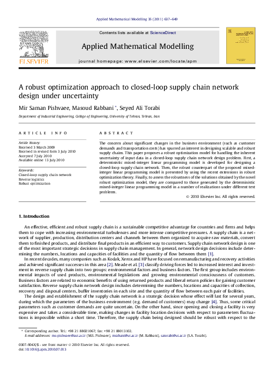 (PDF) A robust optimization approach to closedloop supply chain
