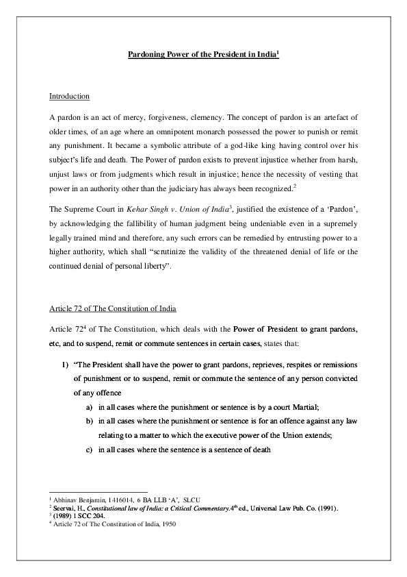 (DOC) Pardoning Power of the President in India1