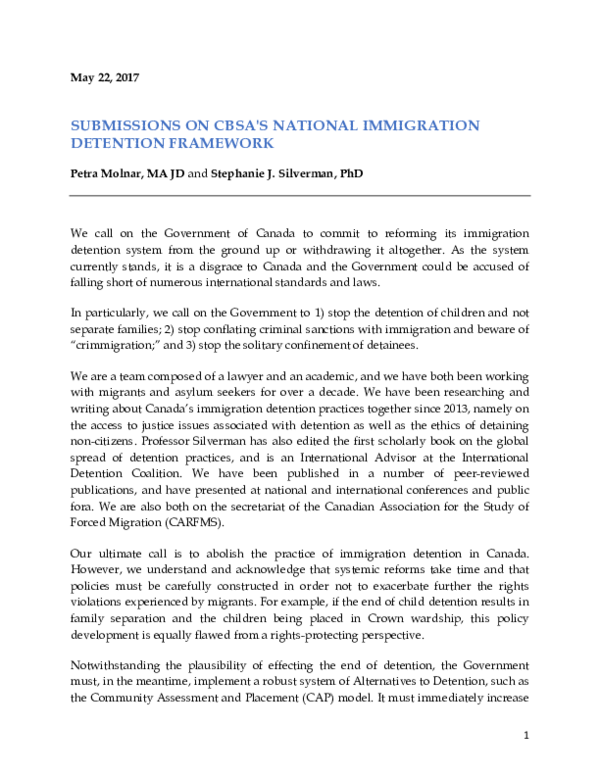 (PDF) May 2017 Submission to CBSA's National Immigration Detention ...