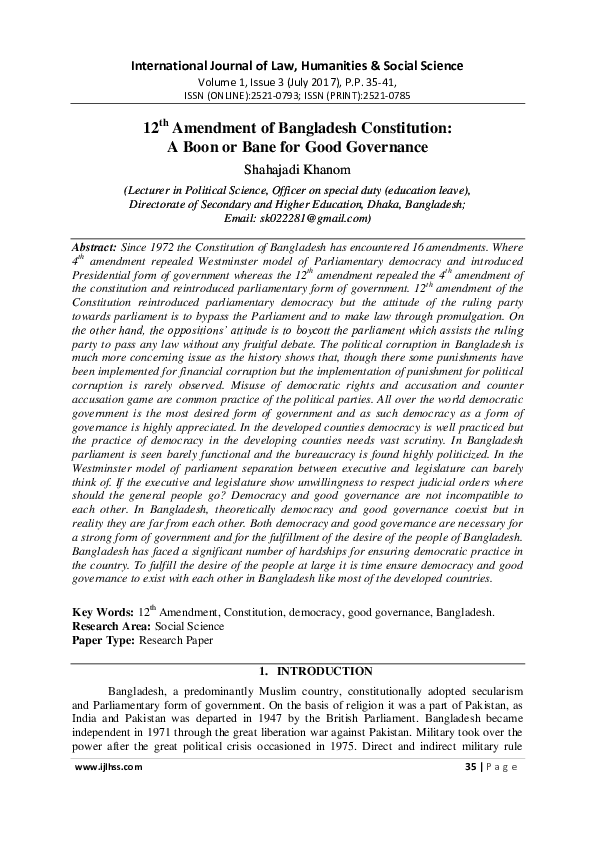 (PDF) 12th Amendment of Bangladesh Constitution: A Boon or Bane for ...