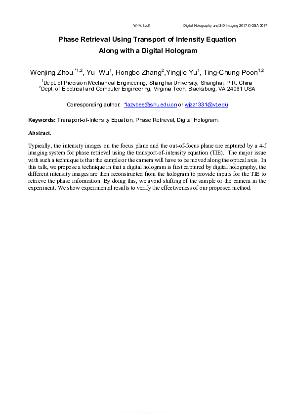 (PDF) Phase Retrieval Using Transport of Intensity Equation Along with ...