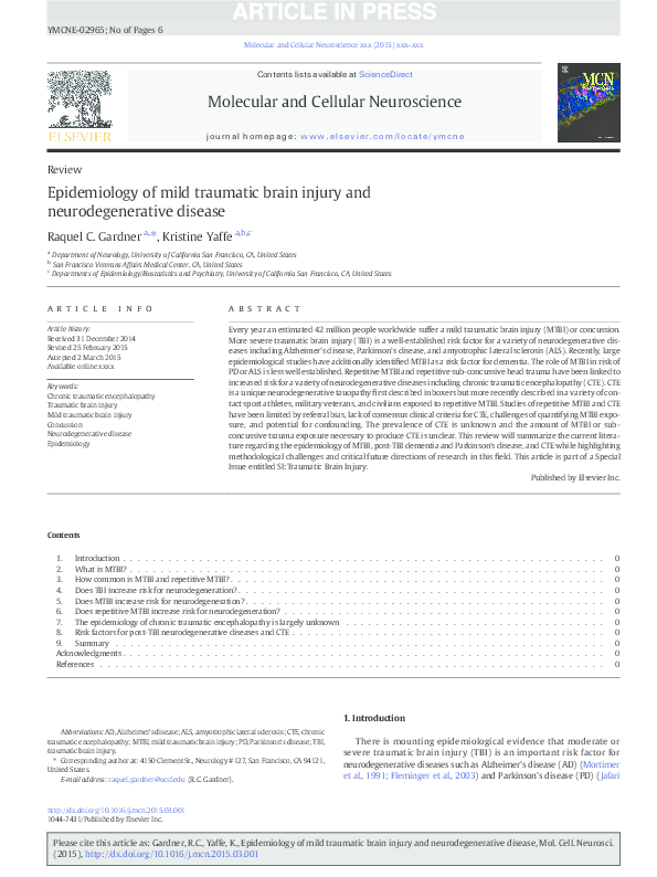 (PDF) Epidemiology of mild traumatic brain injury and neurodegenerative ...