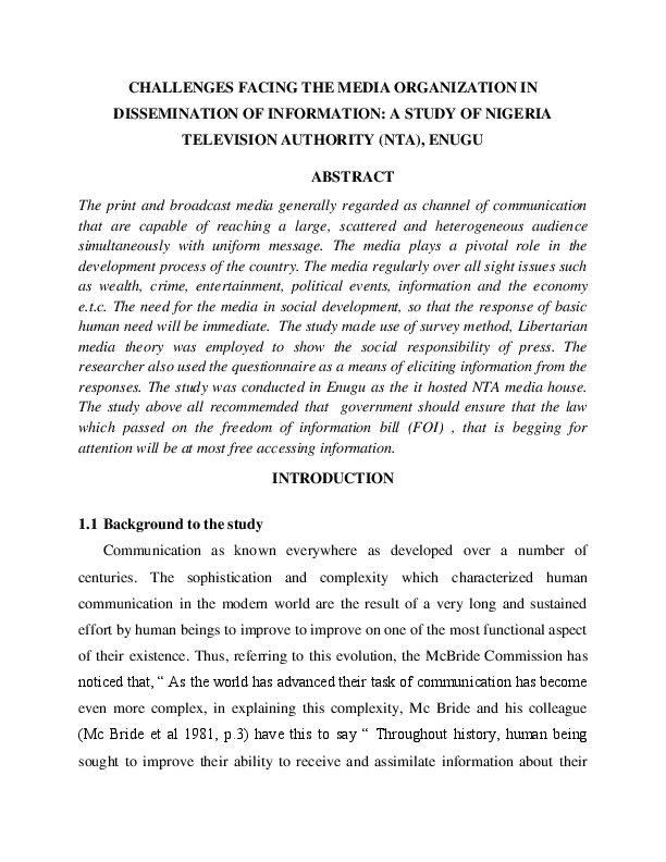 (DOC) CHALLENGES FACING THE MEDIA ORGANIZATION IN DISSEMINATION OF