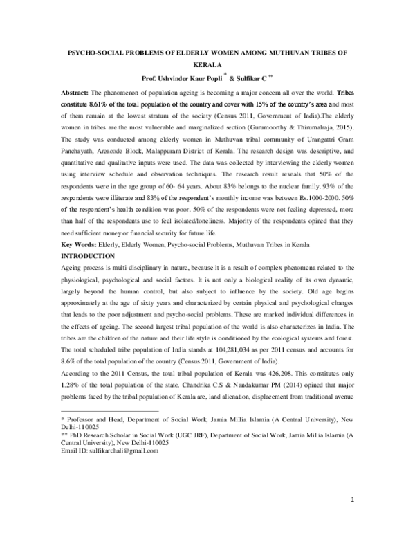 (PDF) PSYCHO-SOCIAL PROBLEMS OF ELDERLY WOMEN AMONG MUTHUVAN TRIBES OF ...