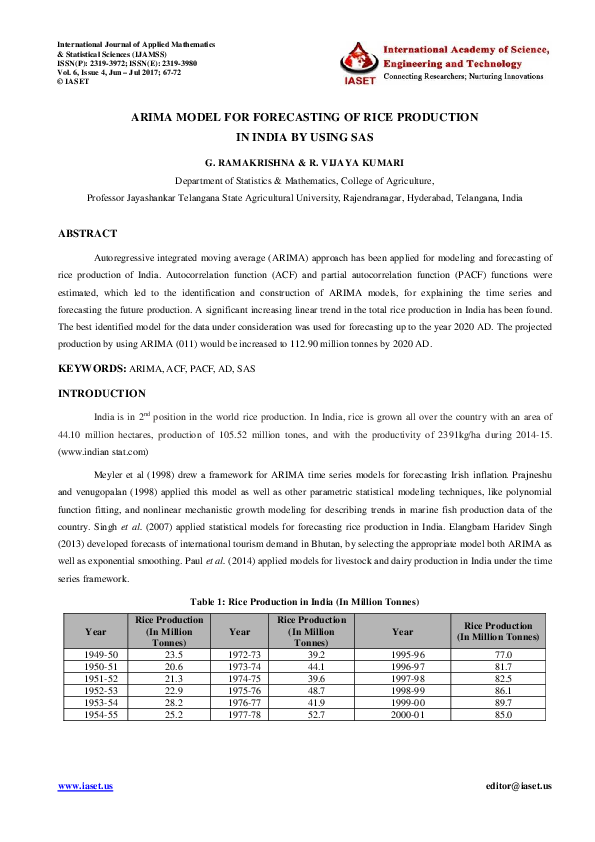 (PDF) ARIMA MODEL FOR FORECASTING OF RICE PRODUCTION IN INDIA BY USING SAS