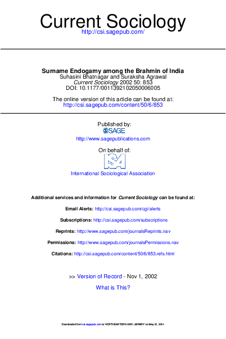 Pdf) Surname Endogamy Among The Brahmin Of India | Suhasini Bhatnagar -  Academia.edu Pdf) Surname Endogamy Among The Brahmin Of India | Suhasini Bhatnagar -  Academia.edu