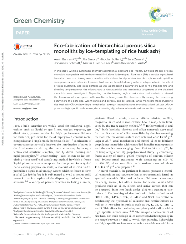 (PDF) Eco-fabrication of hierarchical porous silica monoliths by ice ...
