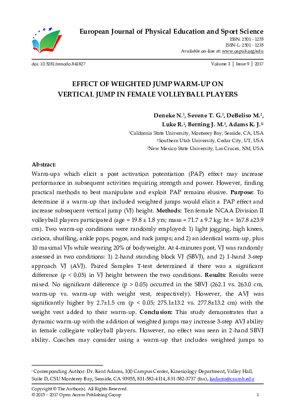 (PDF) EFFECT OF WEIGHTED JUMP WARM-UP ON VERTICAL JUMP IN FEMALE ...