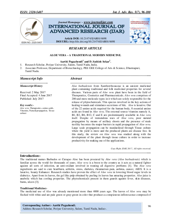 (PDF) ALOE VERA A TRADITIONAL MODERN MEDICINE IJAR Indexing
