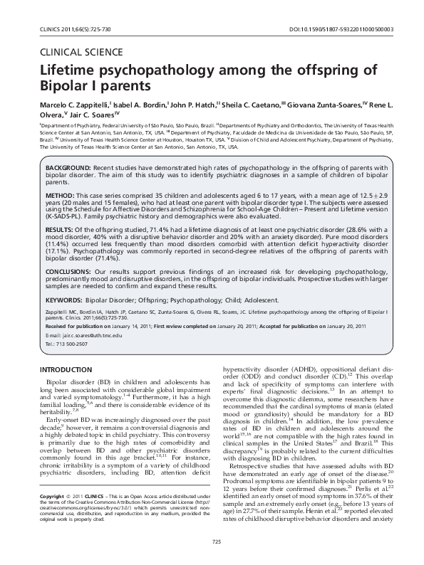 (PDF) Lifetime psychopathology among the offspring of Bipolar I parents
