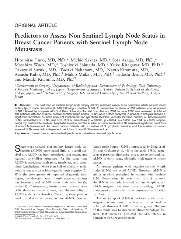(PDF) Predictors to Assess Non-Sentinel Lymph Node Status in Breast ...