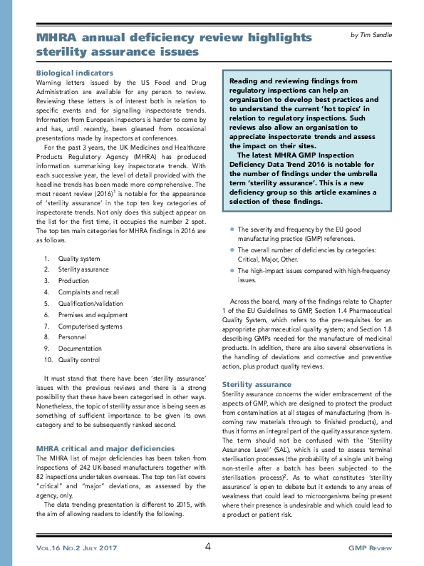 (PDF) MHRA annual deficiency review highlights sterility assurance