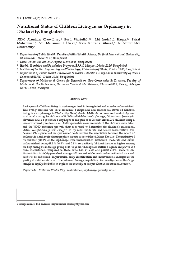 (PDF) Nutritional Status of Children Living in an Orphanage in Dhaka ...