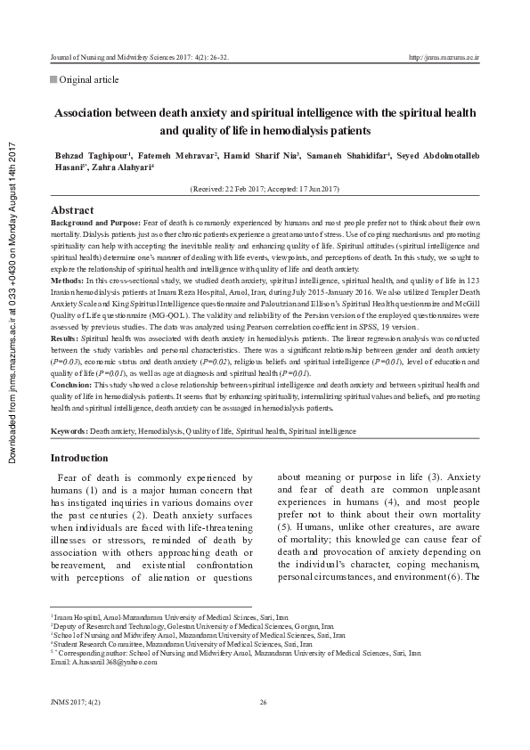 (PDF) Association between death anxiety and spiritual intelligence with ...