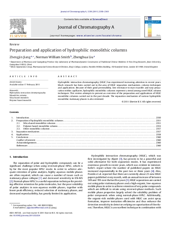 (PDF) Preparation and application of hydrophilic monolithic columns