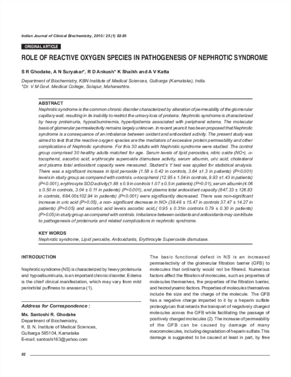 (PDF) Role of reactive oxygen species in pathogenesis of nephrotic syndrome