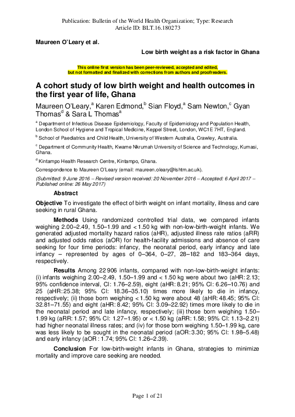 (PDF) Low birth weight as a risk factor in Ghana A cohort study of low ...