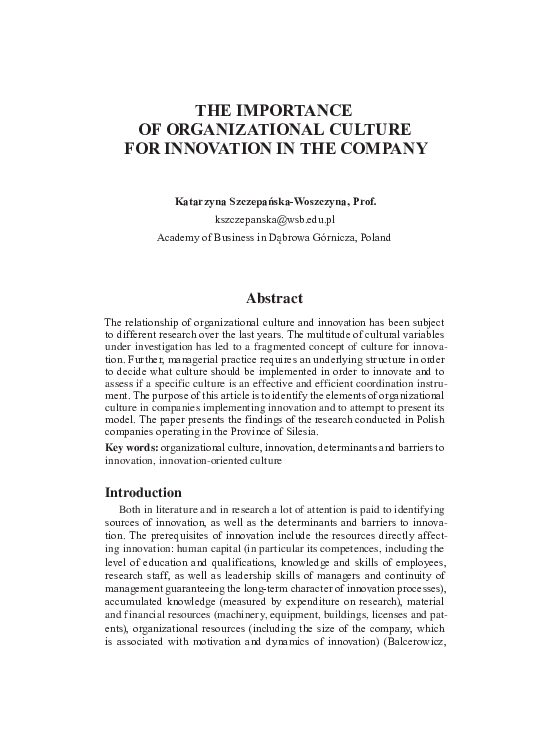 (PDF) THE IMPORTANCE Of ORGANIZATIONAl CUlTURE fOR INNOVATION IN THE ...
