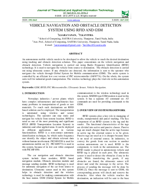 (PDF) VEHICLE NAVIGATION AND OBSTACLE DETECTION SYSTEM USING RFID AND GSM
