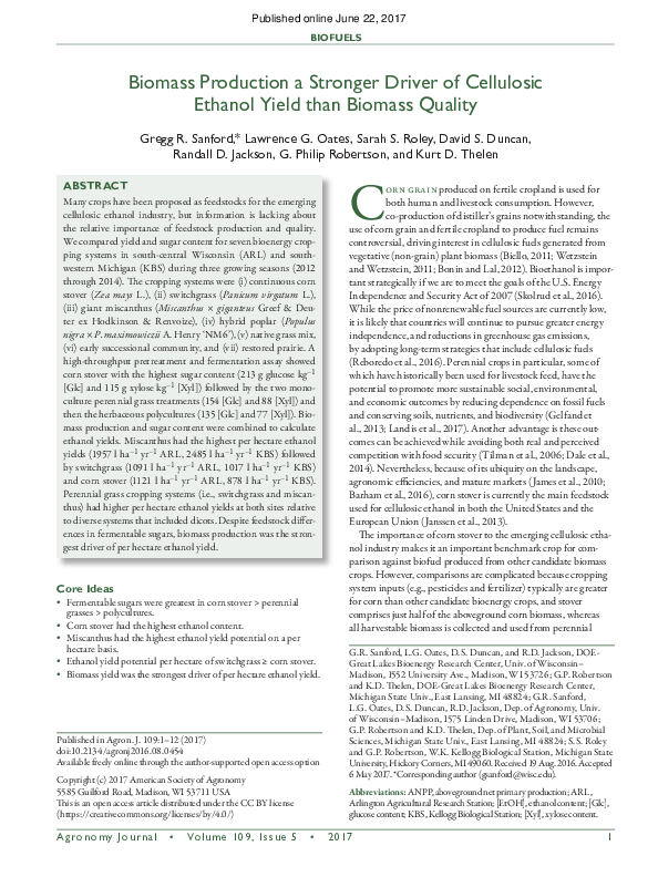 (PDF) Biomass Production a Stronger Driver of Cellulosic Ethanol Yield ...