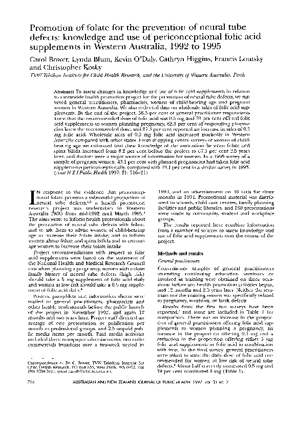 (PDF) Promotion of folate for the prevention of neural tube defects ...