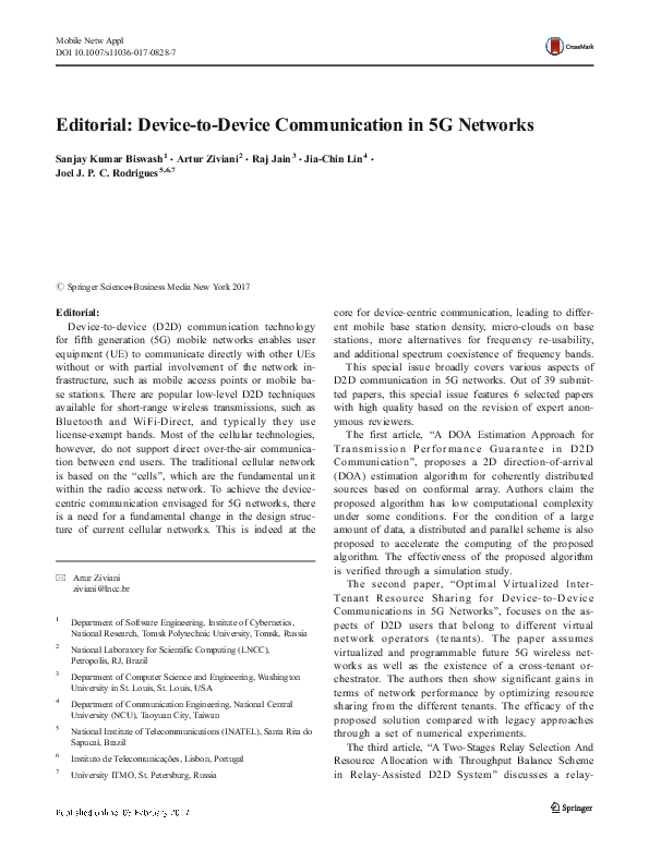 (PDF) Editorial: Device-to-Device Communication in 5G Networks