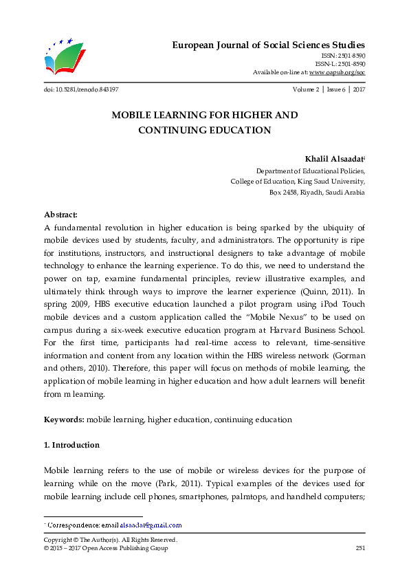 (PDF) MOBILE LEARNING FOR HIGHER AND CONTINUING EDUCATION