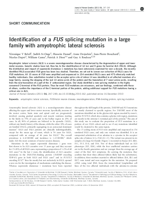 (PDF) Identification of a FUS splicing mutation in a large family with ...