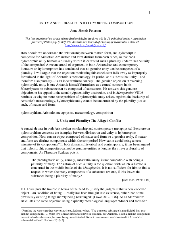 (PDF) Unity, Plurality, and Hylomorphic Composition in Aristotle's ...