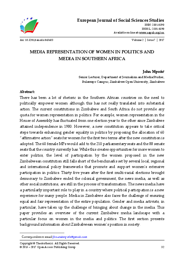 (PDF) MEDIA REPRESENTATION OF WOMEN IN POLITICS AND MEDIA IN SOUTHERN ...