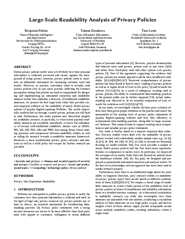 (PDF) Large-Scale Readability Analysis of Privacy Policies