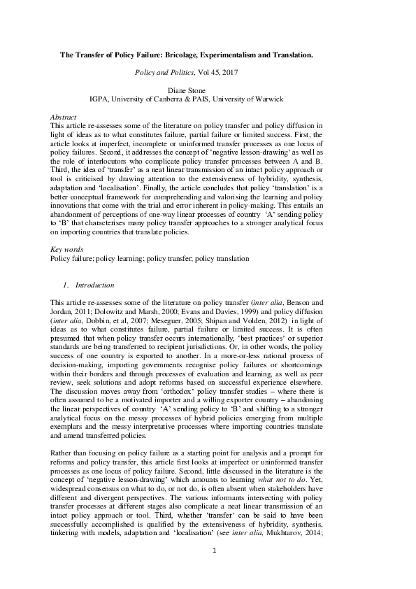 (DOC) The Transfer of Policy Failure: Bricolage, Experimentalism and ...