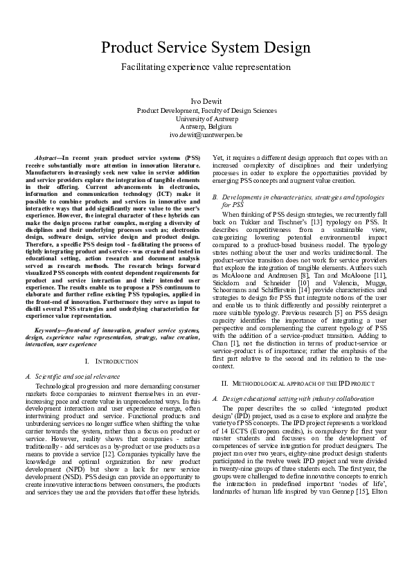 (PDF) Product Service System Design: Facilitating experience value ...