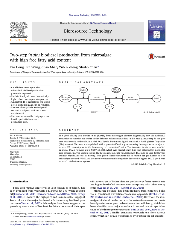 (PDF) Two-step in situ biodiesel production from microalgae with high ...