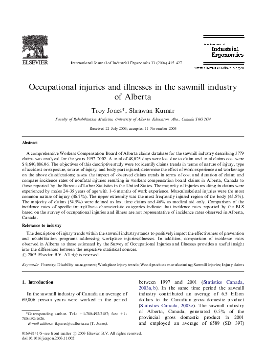 (PDF) Occupational injuries and illnesses in the sawmill industry of ...