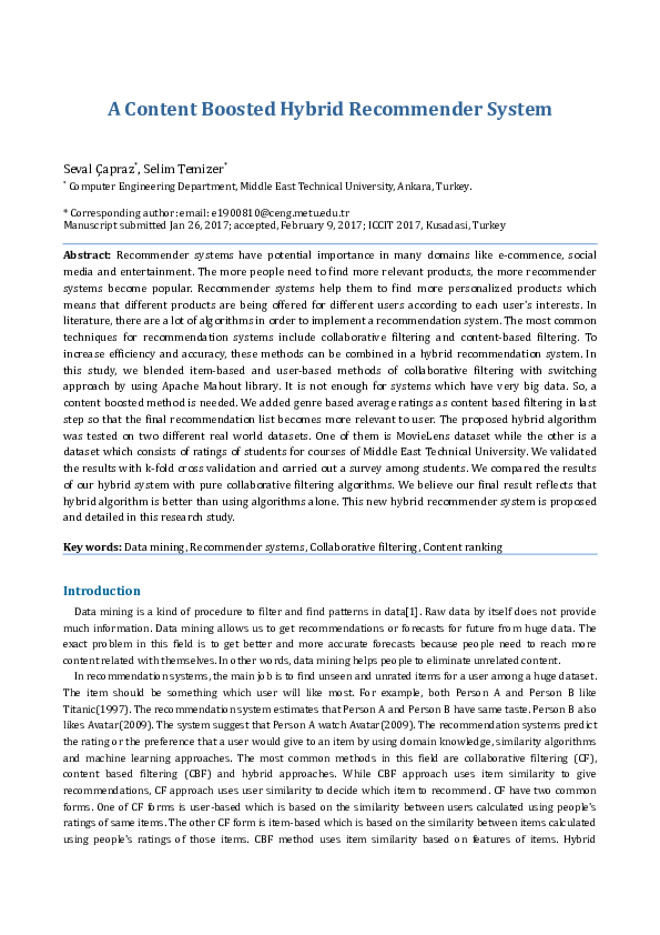 (PDF) A Content Boosted Hybrid Recommender System