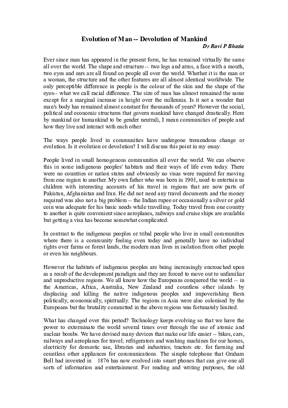 (DOC) Evolution of Man --Devolution of Mankind