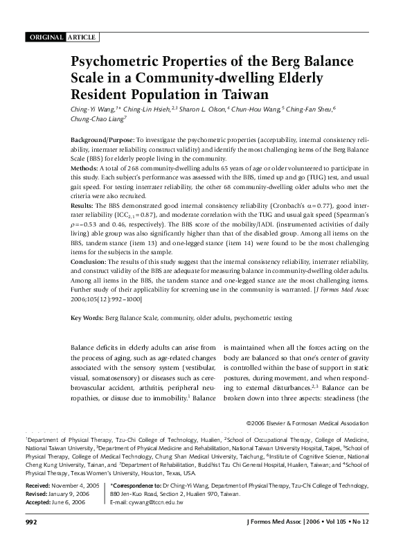 (PDF) Psychometric Properties of the Berg Balance Scale in a Community