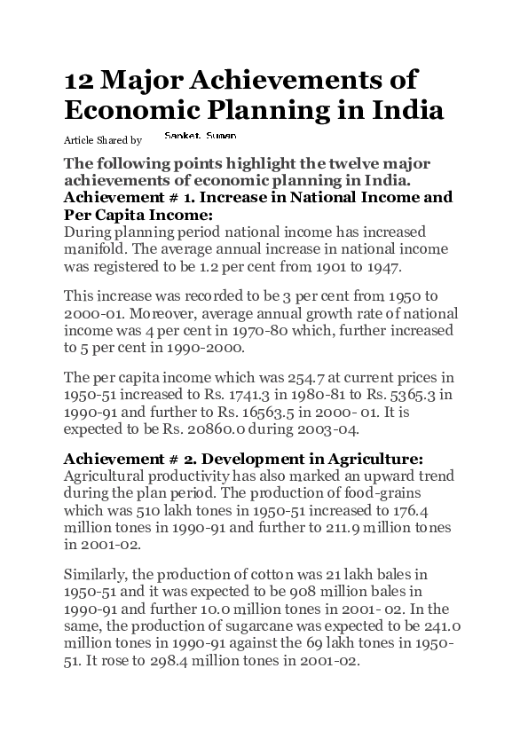 (DOC) 2 Major Achievements of Economic Planning in India ABHISHEK