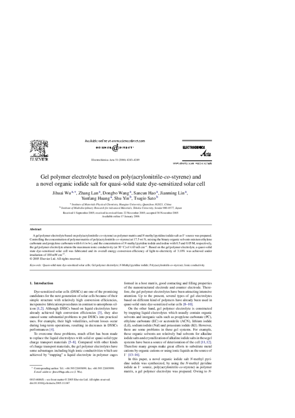 (PDF) Gel polymer electrolyte based on poly(acrylonitrile-co-styrene ...